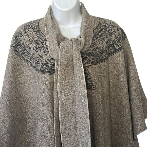 Vintage Molina Aztec Print Wool Poncho Walking Cape One Size Brown Fringe Brown - Picture 2 of 11